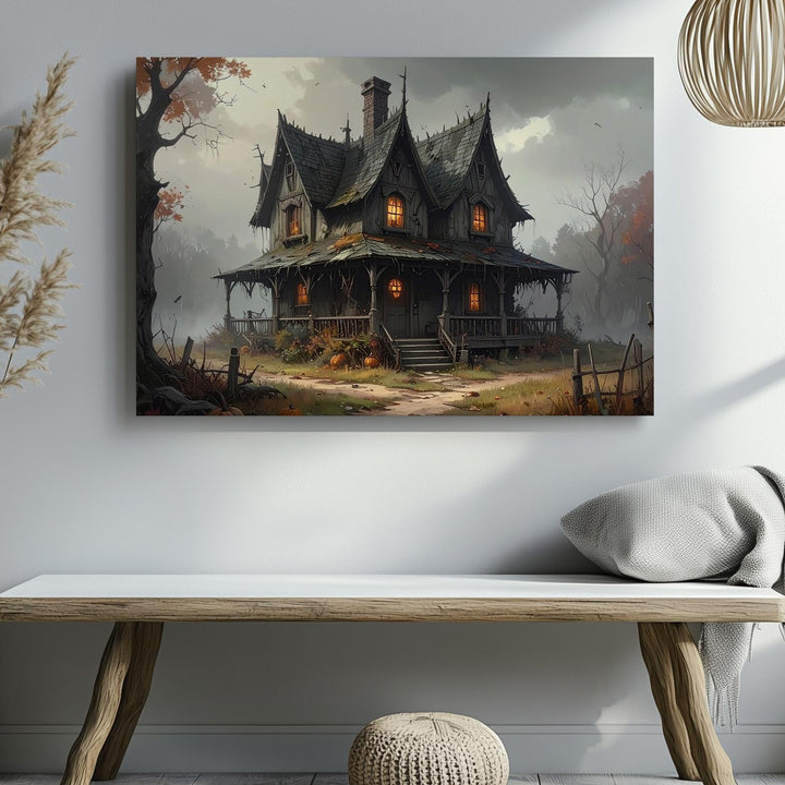 Crooked Witch’s Cottage Canvas – Gothic Halloween Forest Enchantment Art - Gifitto