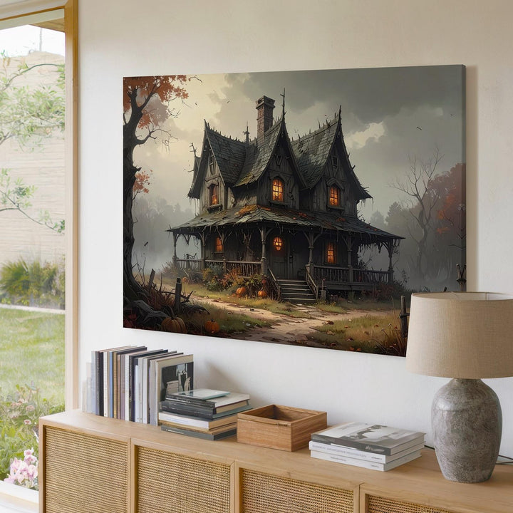 Crooked Witch’s Cottage Canvas – Gothic Halloween Forest Enchantment Art - Gifitto
