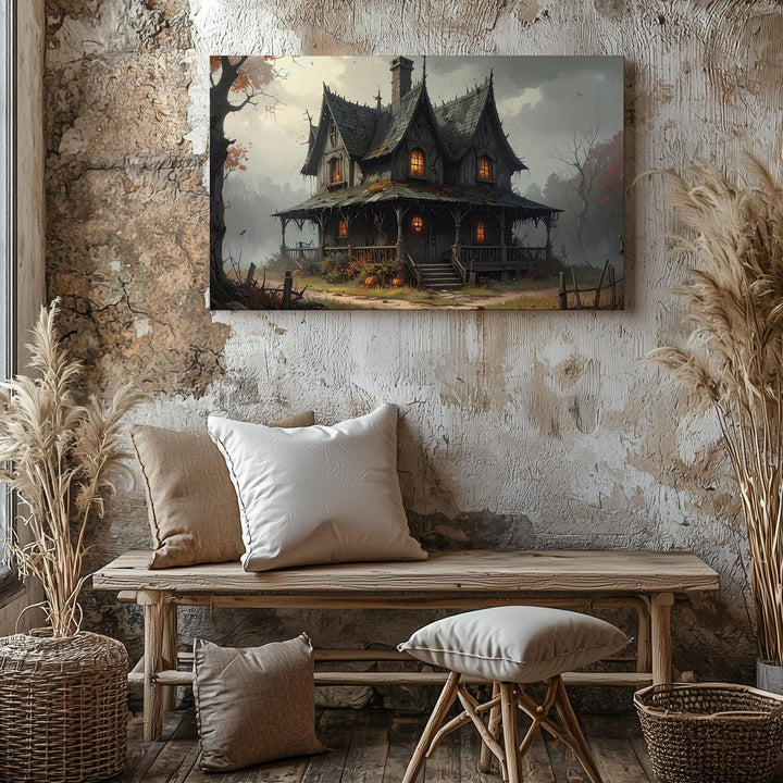 Crooked Witch’s Cottage Canvas – Gothic Halloween Forest Enchantment Art - Gifitto