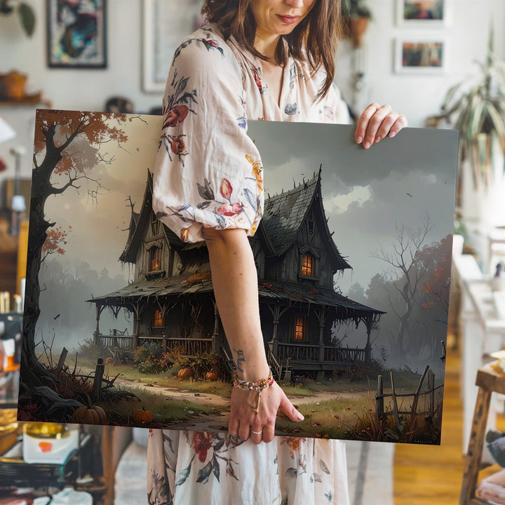 Crooked Witch’s Cottage Canvas – Gothic Halloween Forest Enchantment Art - Gifitto
