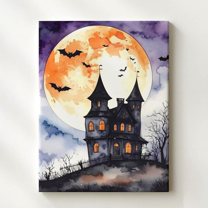 Whimsical Haunted Mansion Canvas – Watercolor Moonlit Halloween Art - Gifitto