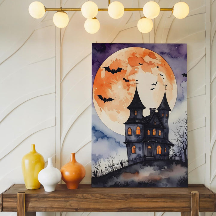 Whimsical Haunted Mansion Canvas – Watercolor Moonlit Halloween Art - Gifitto