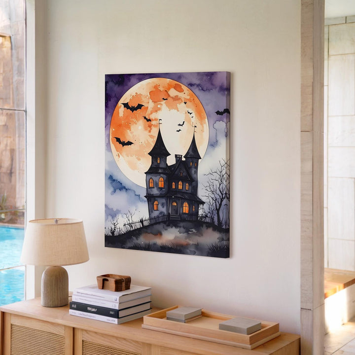 Whimsical Haunted Mansion Canvas – Watercolor Moonlit Halloween Art - Gifitto