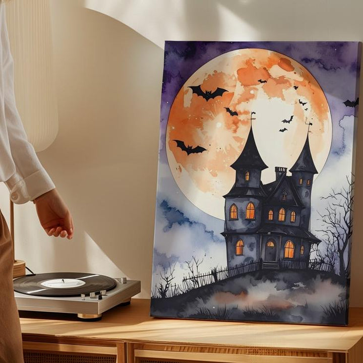 Whimsical Haunted Mansion Canvas – Watercolor Moonlit Halloween Art - Gifitto