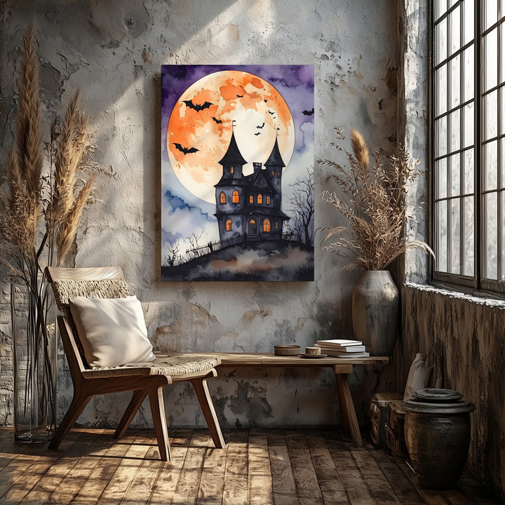 Whimsical Haunted Mansion Canvas – Watercolor Moonlit Halloween Art - Gifitto