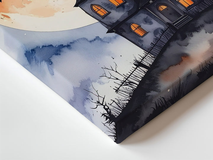 Whimsical Haunted Mansion Canvas – Watercolor Moonlit Halloween Art - Gifitto