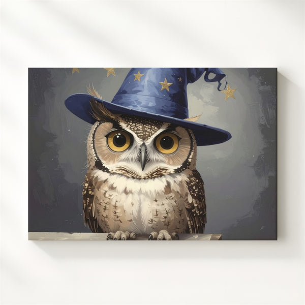 Wizard Owl Canvas – Enchanted Familiar in Starry Hat - Gifitto
