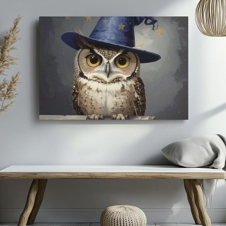Wizard Owl Canvas – Enchanted Familiar in Starry Hat - Gifitto
