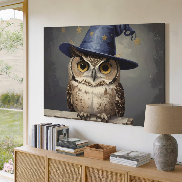 Wizard Owl Canvas – Enchanted Familiar in Starry Hat - Gifitto