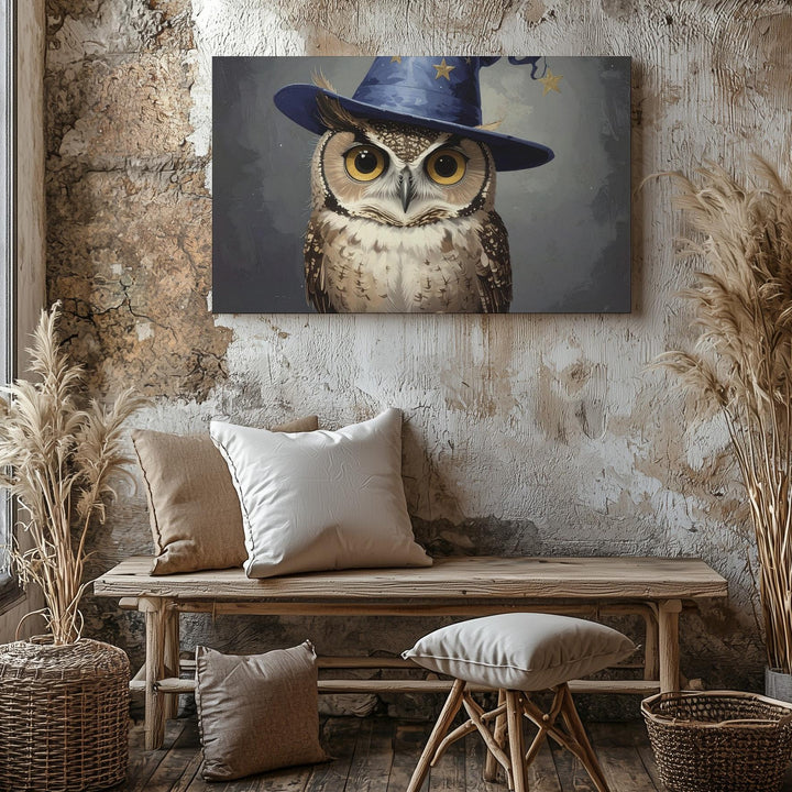 Wizard Owl Canvas – Enchanted Familiar in Starry Hat - Gifitto
