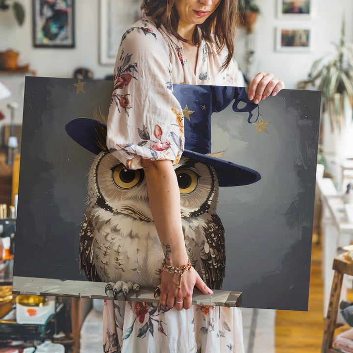 Wizard Owl Canvas – Enchanted Familiar in Starry Hat - Gifitto