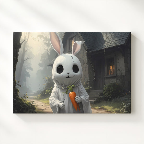 Ghost Bunny Cottage Canvas – Whimsical Halloween Forest Wall Art - Gifitto