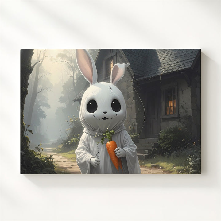 Ghost Bunny Cottage Canvas – Whimsical Halloween Forest Wall Art - Gifitto