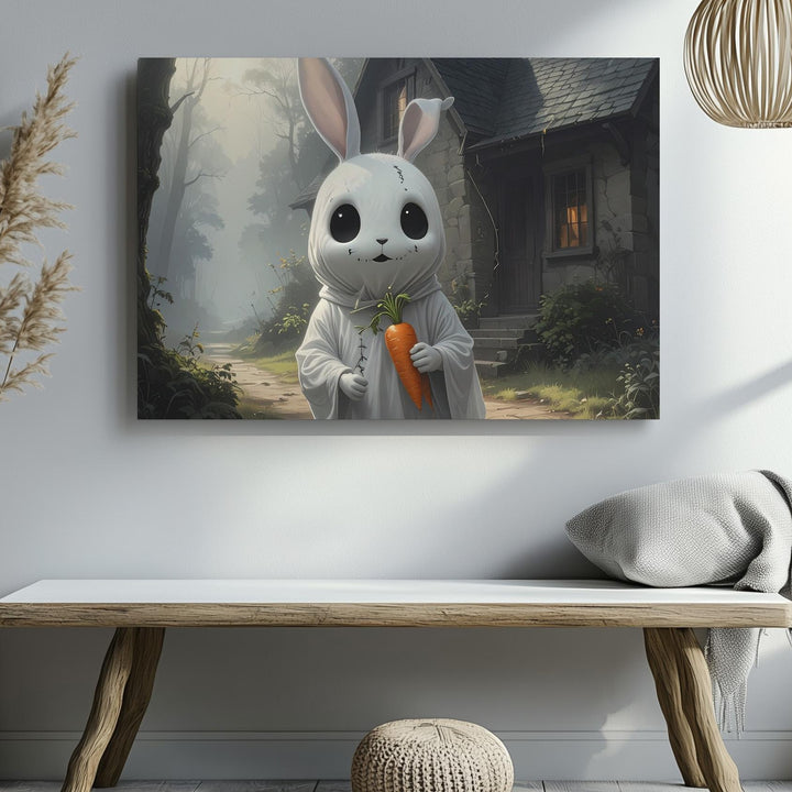 Ghost Bunny Cottage Canvas – Whimsical Halloween Forest Wall Art - Gifitto