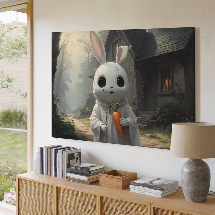 Ghost Bunny Cottage Canvas – Whimsical Halloween Forest Wall Art - Gifitto