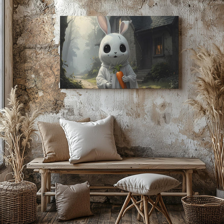 Ghost Bunny Cottage Canvas – Whimsical Halloween Forest Wall Art - Gifitto