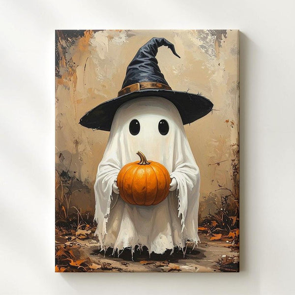 Ghost & Pumpkin Canvas – Whimsical Autumn Spirit with Witch Hat - Gifitto