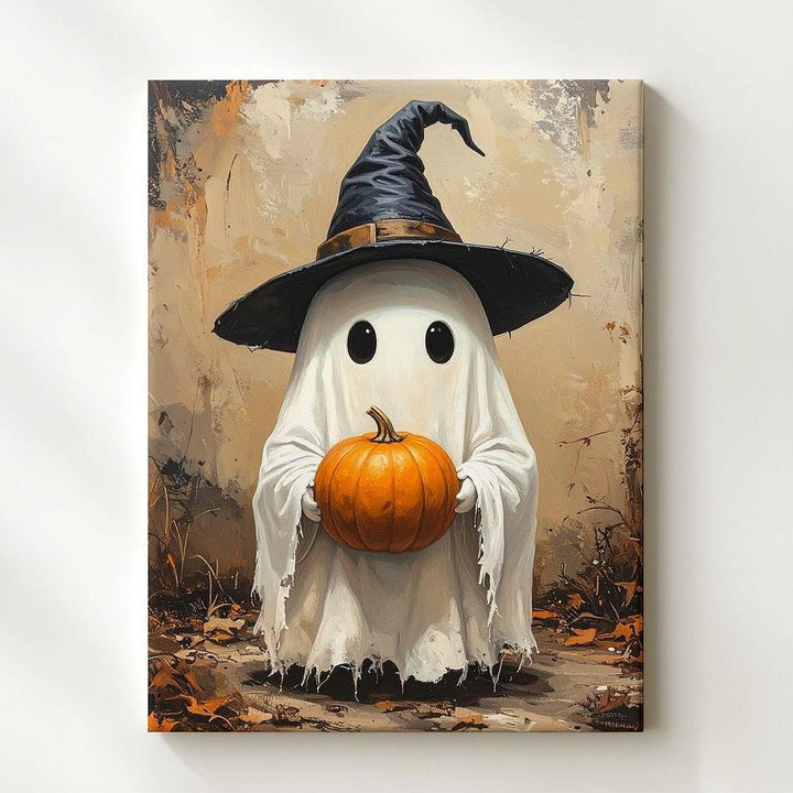 Ghost & Pumpkin Canvas – Whimsical Autumn Spirit with Witch Hat - Gifitto
