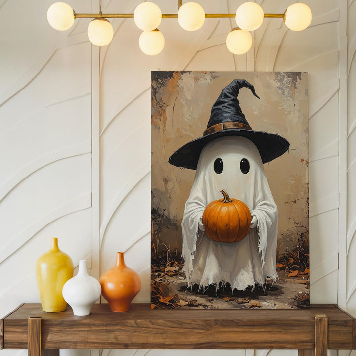 Ghost & Pumpkin Canvas – Whimsical Autumn Spirit with Witch Hat - Gifitto