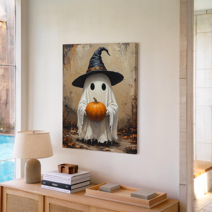 Ghost & Pumpkin Canvas – Whimsical Autumn Spirit with Witch Hat - Gifitto