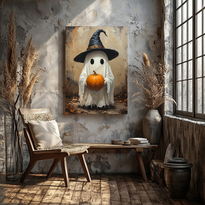 Ghost & Pumpkin Canvas – Whimsical Autumn Spirit with Witch Hat - Gifitto