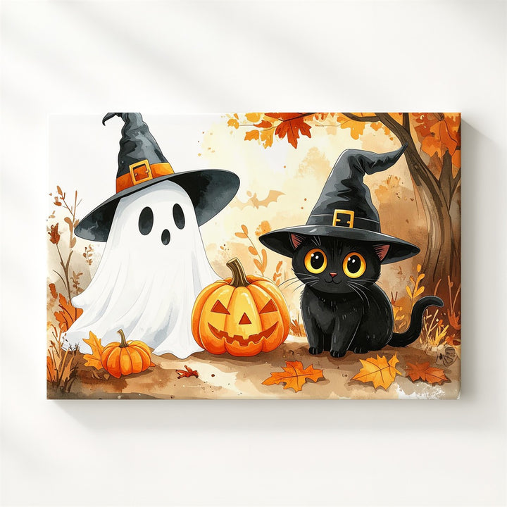 Ghost & Cat Witch Friends Canvas – Cozy Watercolor Halloween Duo Art - Gifitto