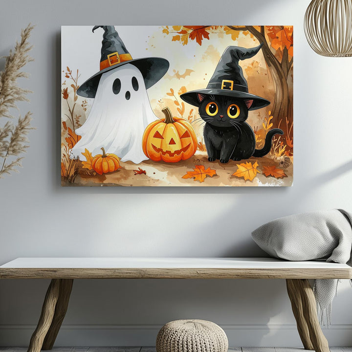 Ghost & Cat Witch Friends Canvas – Cozy Watercolor Halloween Duo Art - Gifitto