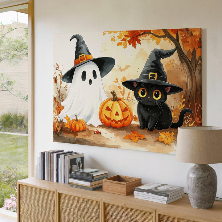 Ghost & Cat Witch Friends Canvas – Cozy Watercolor Halloween Duo Art - Gifitto