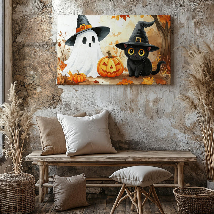 Ghost & Cat Witch Friends Canvas – Cozy Watercolor Halloween Duo Art - Gifitto