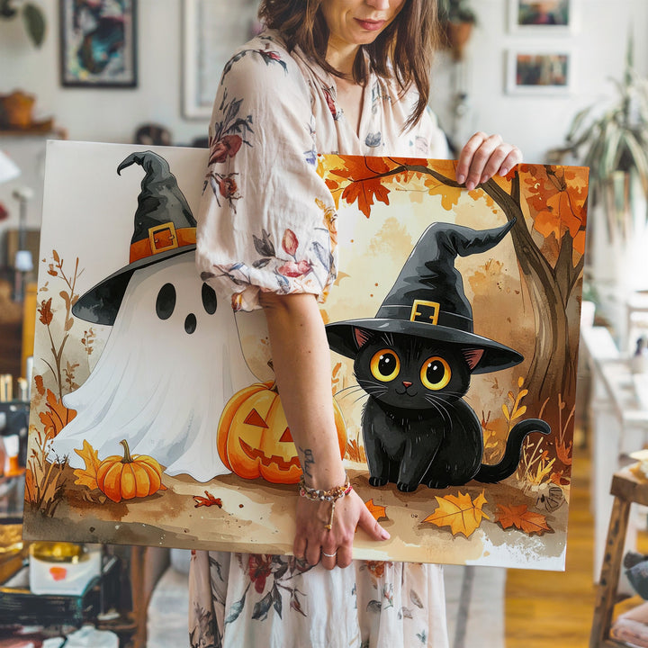 Ghost & Cat Witch Friends Canvas – Cozy Watercolor Halloween Duo Art - Gifitto