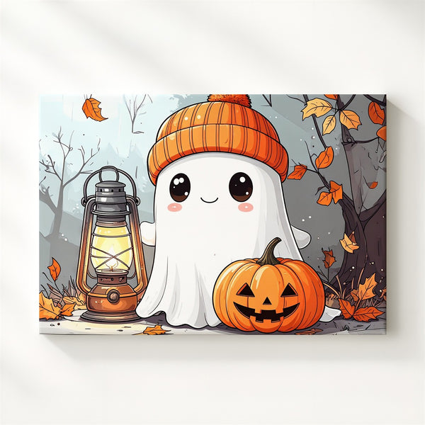 Cozy Ghost with Pumpkin Canvas – Cute Autumn Halloween Wall Art - Gifitto