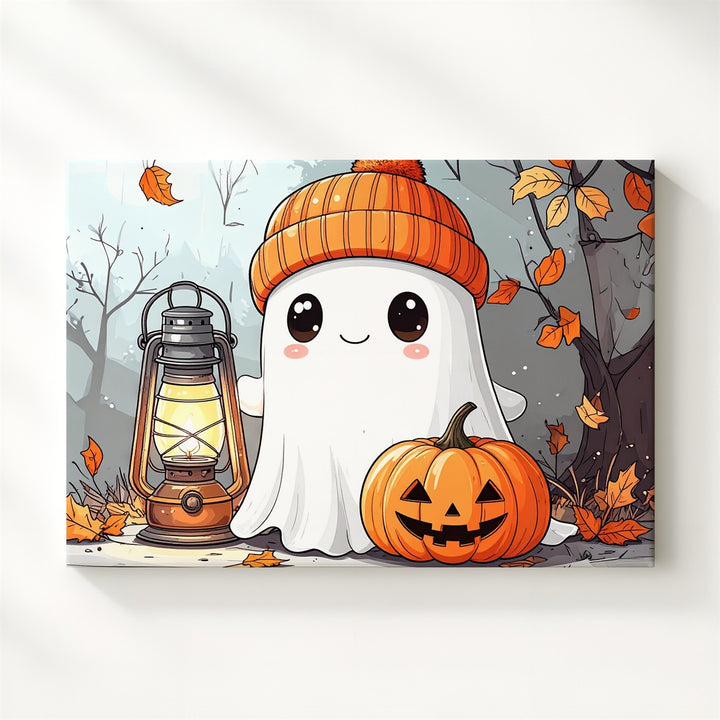 Cozy Ghost with Pumpkin Canvas – Cute Autumn Halloween Wall Art - Gifitto
