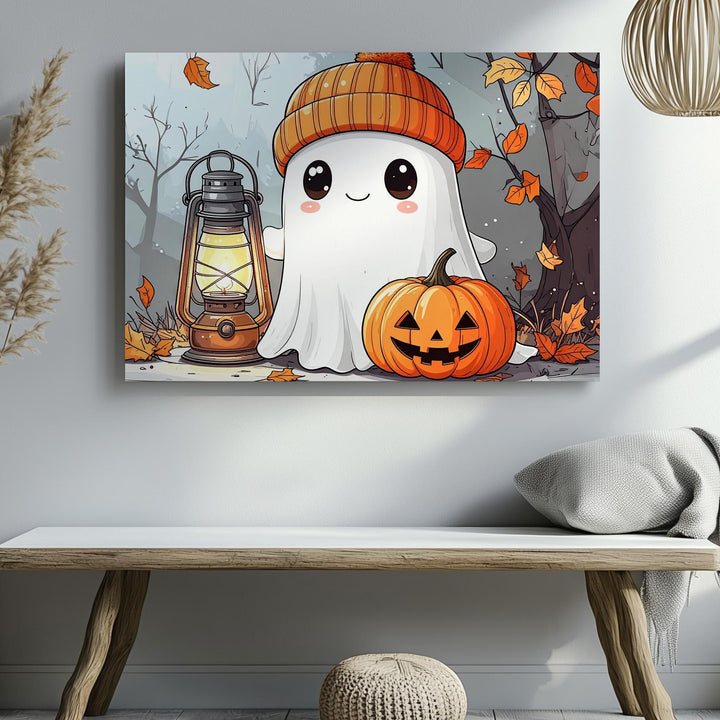Cozy Ghost with Pumpkin Canvas – Cute Autumn Halloween Wall Art - Gifitto