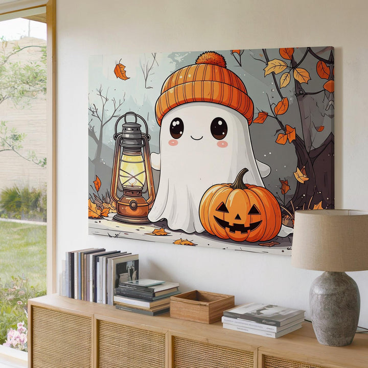 Cozy Ghost with Pumpkin Canvas – Cute Autumn Halloween Wall Art - Gifitto