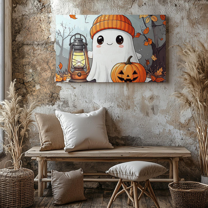Cozy Ghost with Pumpkin Canvas – Cute Autumn Halloween Wall Art - Gifitto