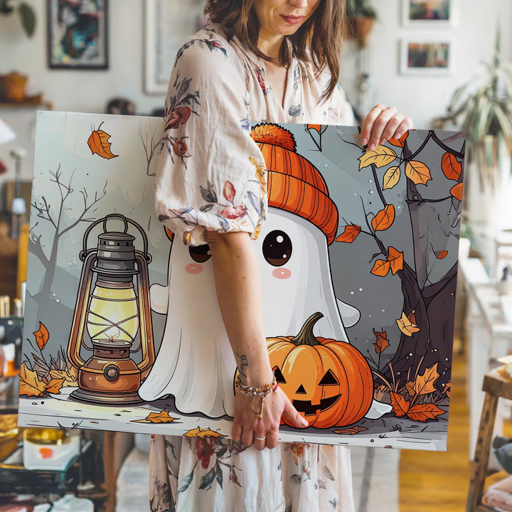 Cozy Ghost with Pumpkin Canvas – Cute Autumn Halloween Wall Art - Gifitto