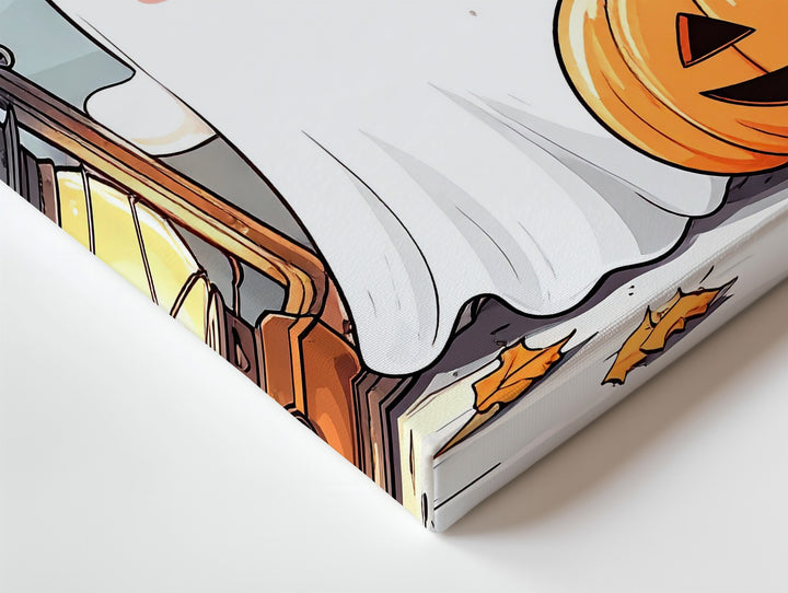 Cozy Ghost with Pumpkin Canvas – Cute Autumn Halloween Wall Art - Gifitto