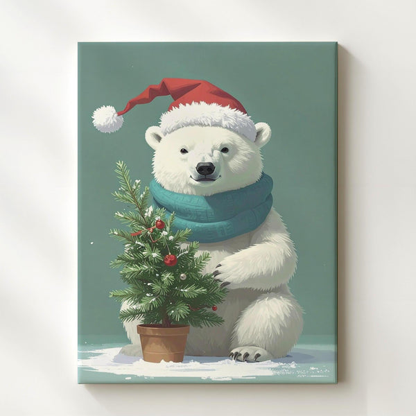 Santa Hat Polar Bear Canvas – Whimsical Holiday Cartoon Wall Art - Gifitto