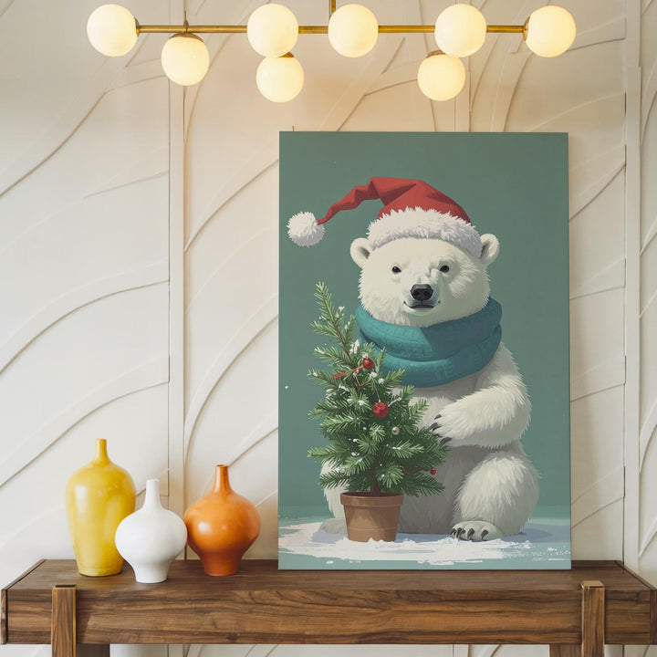Santa Hat Polar Bear Canvas – Whimsical Holiday Cartoon Wall Art - Gifitto