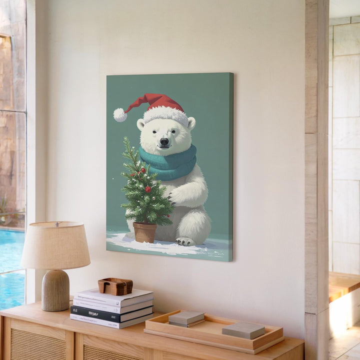 Santa Hat Polar Bear Canvas – Whimsical Holiday Cartoon Wall Art - Gifitto