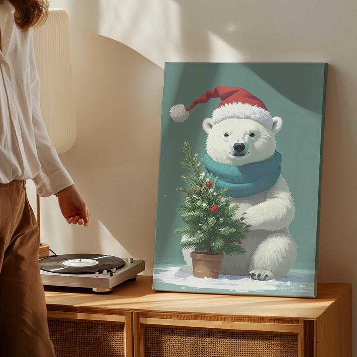 Santa Hat Polar Bear Canvas – Whimsical Holiday Cartoon Wall Art - Gifitto