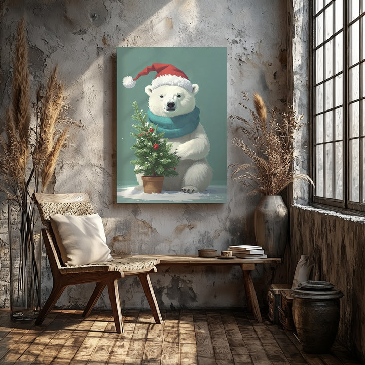 Santa Hat Polar Bear Canvas – Whimsical Holiday Cartoon Wall Art - Gifitto