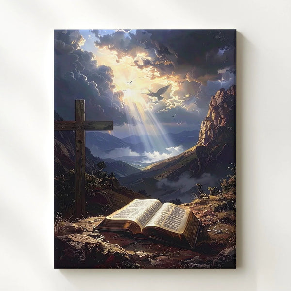 Mountain Cross and Bible Canvas – Dramatic Christian Wall Art with Divine Light and Stormy Skies - Gifitto