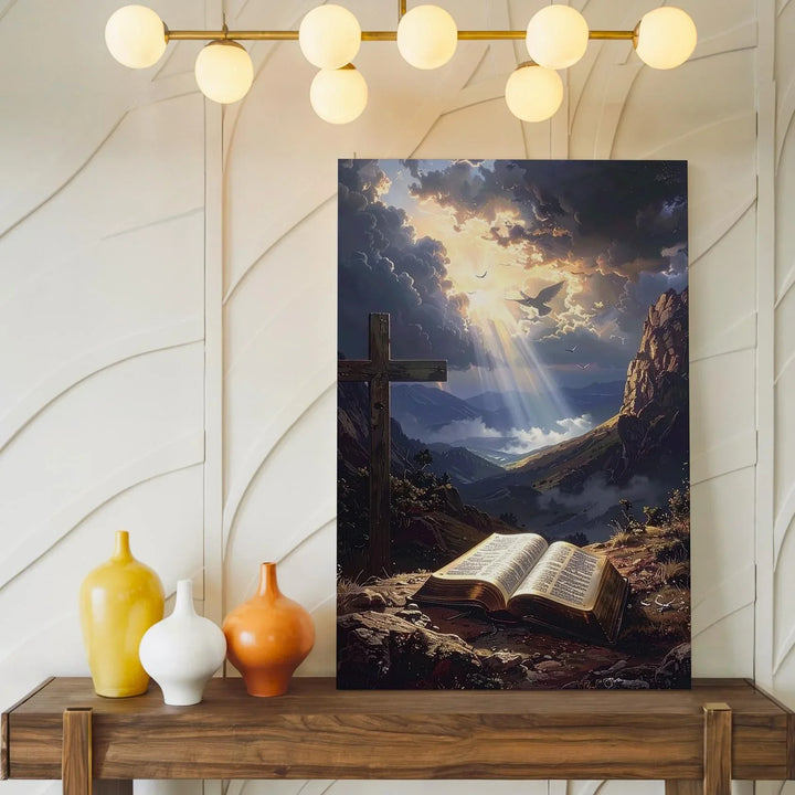 Mountain Cross and Bible Canvas – Dramatic Christian Wall Art with Divine Light and Stormy Skies - Gifitto