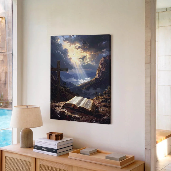 Mountain Cross and Bible Canvas – Dramatic Christian Wall Art with Divine Light and Stormy Skies - Gifitto
