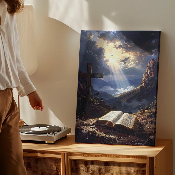Mountain Cross and Bible Canvas – Dramatic Christian Wall Art with Divine Light and Stormy Skies - Gifitto