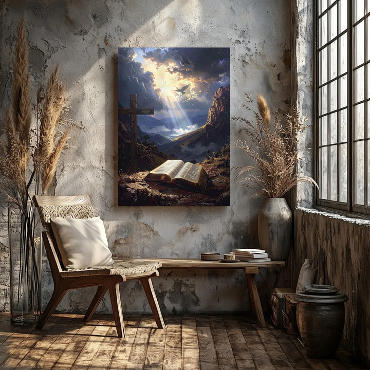 Mountain Cross and Bible Canvas – Dramatic Christian Wall Art with Divine Light and Stormy Skies - Gifitto