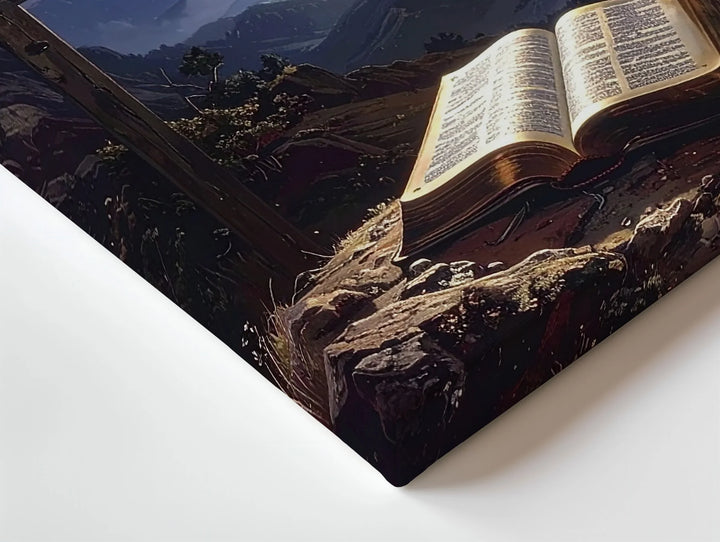 Mountain Cross and Bible Canvas – Dramatic Christian Wall Art with Divine Light and Stormy Skies - Gifitto