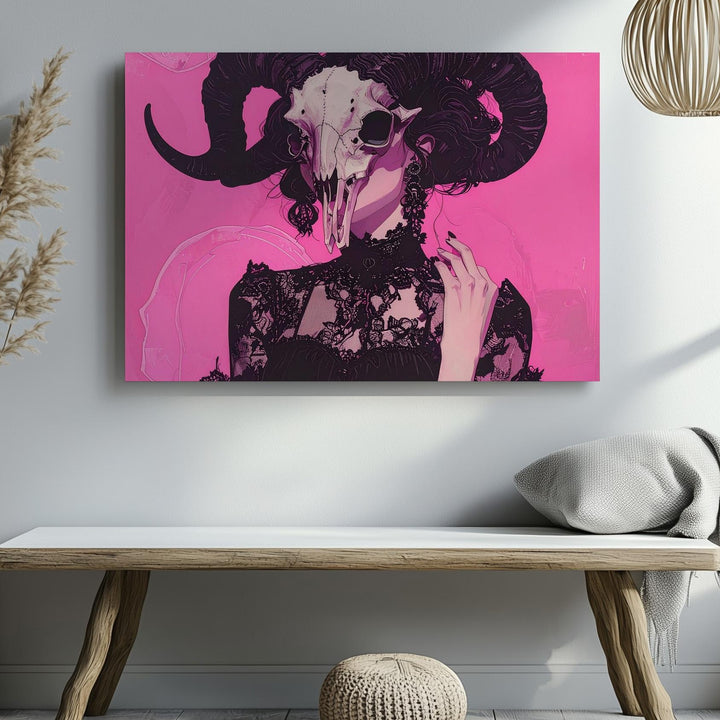 Occult Priestess Canvas – Dark Feminine Power with Goat Skull Mask - Gifitto