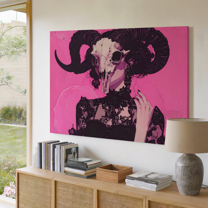 Occult Priestess Canvas – Dark Feminine Power with Goat Skull Mask - Gifitto